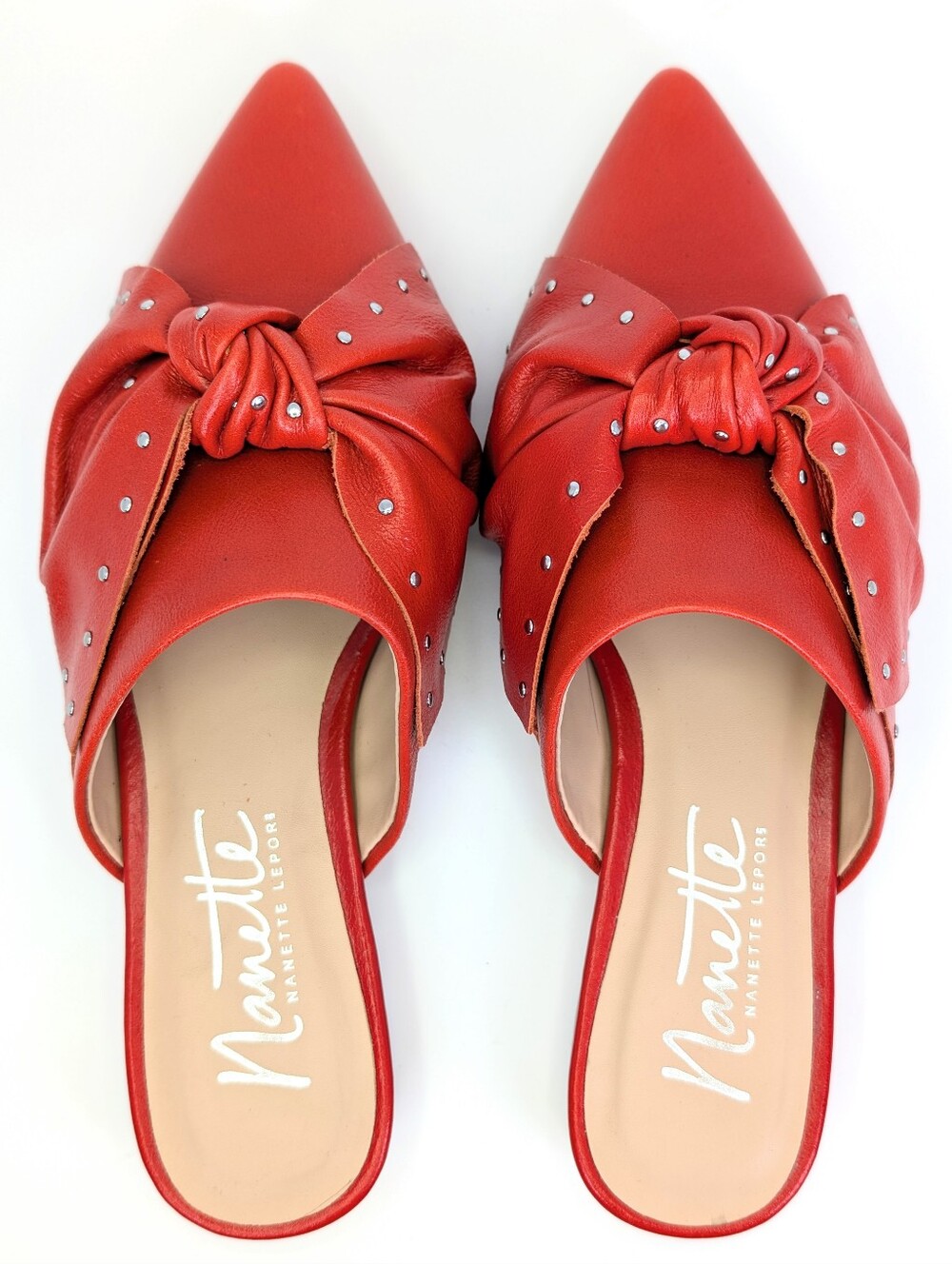 Nanette Lepore Orange Red Studded Bow Pointed Toe Mule Flats Slide On Size 6 EUC - Picture 4 of 12